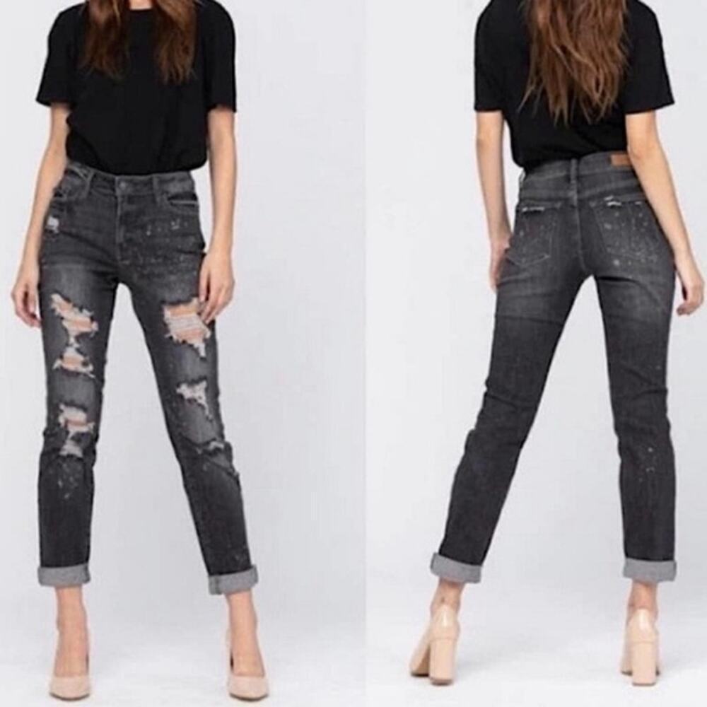 Judy Blue Boyfriend Fit Black Gray Distressed Jeans Stretch Mid Rise Denim 7/28 - Picture 1 of 8